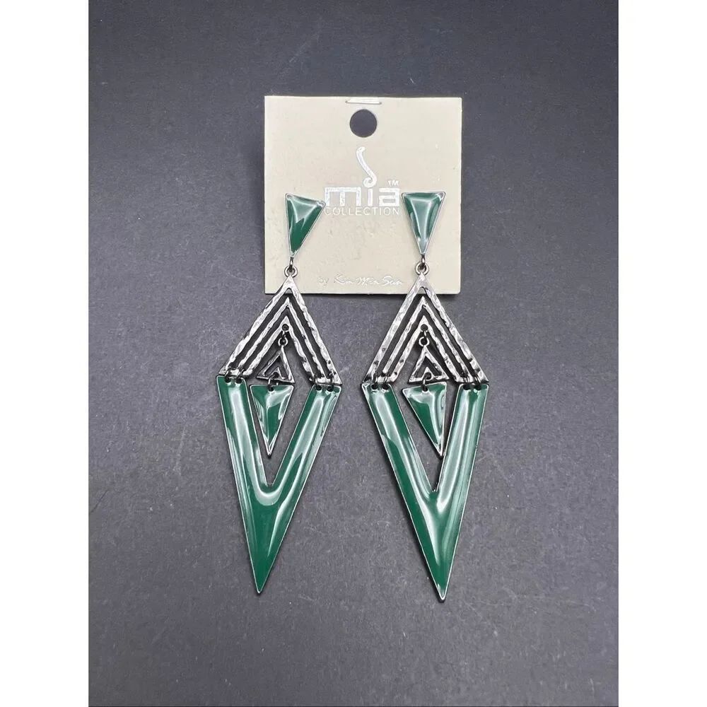 Mia Collection Black Forest Green Enamel Diamond Chevron Triangle Earrings